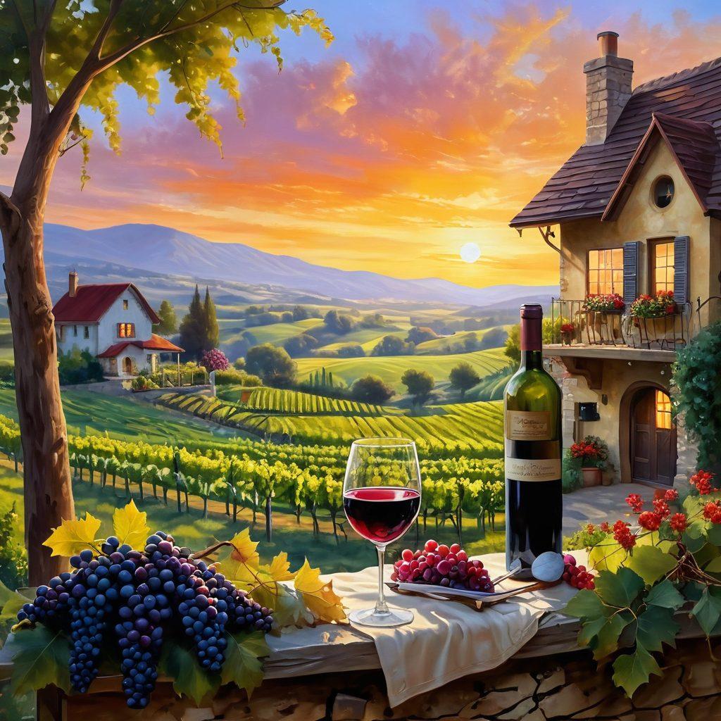 A picturesque vineyard stretching across rolling hills under a golden sunset, with a glass of red wine in the foreground, glistening invitingly. Grapes hanging in clusters on the vines, surrounded by lush greenery and vibrant wildflowers, symbolizing joy and abundance. In the background, a cozy cottage with smoke rising from the chimney, hinting at warmth and happiness. Capture the essence of the wine-making journey, from grape harvesting to pouring into a glass, in a whimsical style. painting. vibrant colors.
