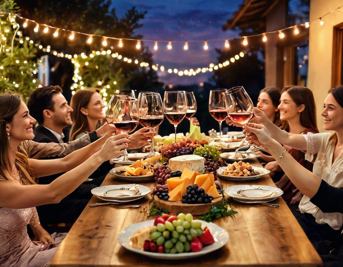 A festive celebration scene featuring a long wooden table adorned with elegant wine glasses filled with various wines, surrounded by cheerful people toasting to 25 years of enjoyment. In the background, fairy lights twinkle, and a platter of gourmet cheeses and fruits complements the ambience. Soft sunset colors enhance the warm, inviting atmosphere. super-realistic. vibrant colors. warm lighting.
