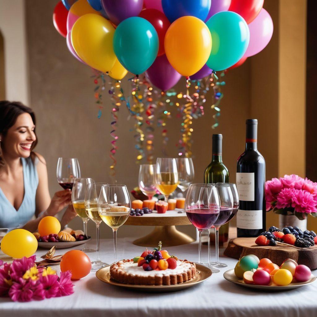 A festive scene featuring a beautifully arranged wine tasting table, adorned with elegant glasses and various wine bottles, surrounded by colorful balloons and a cheerful birthday cake. In the background, friends are raising their glasses in a toast, with soft fairy lights illuminating the atmosphere. The scene should exude joy and celebration, capturing the essence of 25 years of happiness. vibrant colors. super-realistic.
